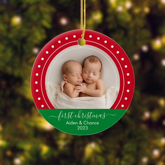 Baby's Eerste Kerstmis Rode en Groene Stippen Keramisch Ornament