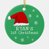 Baby's Eerste Kerstmis Rode Kerstman Hoed Sneeuwvl Keramisch Ornament (Voorkant)