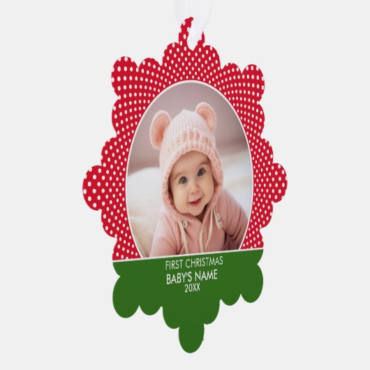 Baby's Eerste Kerstmis - Rode stippen Ornament Kaart (Rechts)