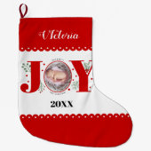 Baby's Eerste Kerstmis Rode Vreugde en bessen foto Grote Kerstsok (Voorkant)