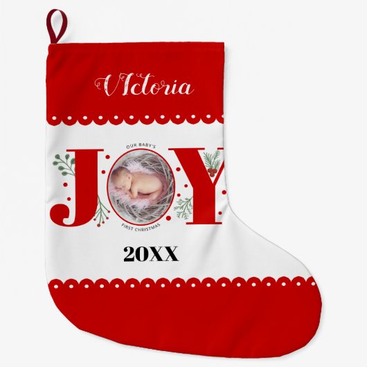 Baby's Eerste Kerstmis Rode Vreugde en bessen foto Grote Kerstsok (Voorkant)