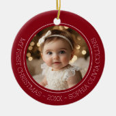 Baby's Eerste Kerstmis Rood Modern 2 Foto Pasgebor Keramisch Ornament (Voorkant)
