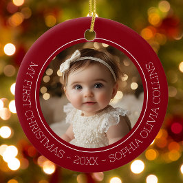 Baby's Eerste Kerstmis Rood Modern 2 Foto Pasgebor Keramisch Ornament