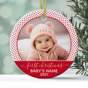 Baby's Eerste Kerstmis - rood Wit Stippenpatroon Keramisch Ornament