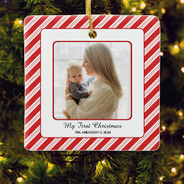 Baby's Eerste Kerstmis Rood Wit Streep Foto Keramisch Ornament