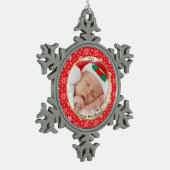 Baby's eerste Kerstmis Rood Witte Snowflakes Foto Tin Sneeuwvlok Ornament (Links)