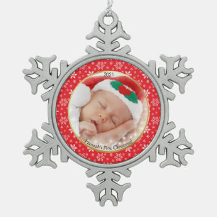 Baby's eerste Kerstmis Rood Witte Snowflakes Foto Tin Sneeuwvlok Ornament