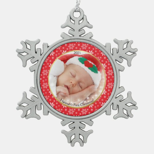 Baby's eerste Kerstmis Rood Witte Snowflakes Foto Tin Sneeuwvlok Ornament (Voorkant)