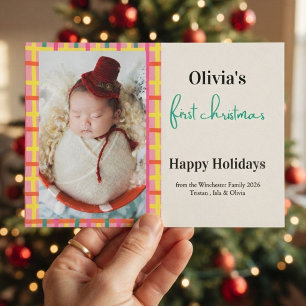 Baby's Eerste Kerstmis Roze, gele geruite foto Kaart
