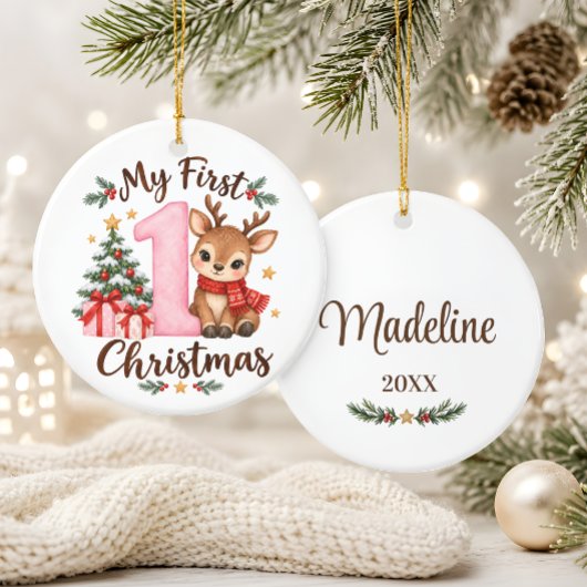 Baby's Eerste Kerstmis Roze Rendier Ornament