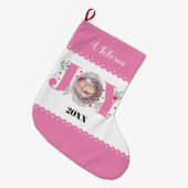 Baby's Eerste Kerstmis roze Vreugde en bessen foto Grote Kerstsok (Voorkant (Hangend))