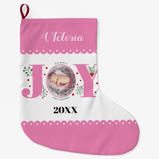 Baby's Eerste Kerstmis roze Vreugde en bessen foto Grote Kerstsok (Voorkant)