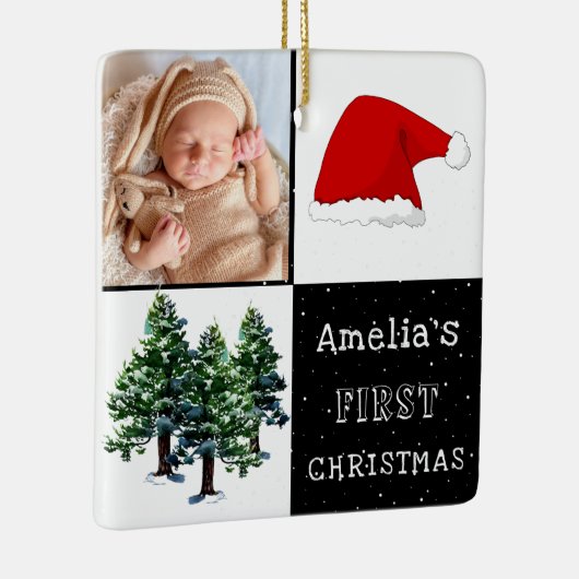 Baby's eerste Kerstmis Santa Hat Sneeuwboom Foto Keramisch Ornament (Rechts)