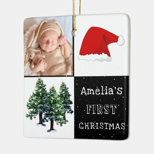 Baby's eerste Kerstmis Santa Hat Sneeuwboom Foto Keramisch Ornament (Links)