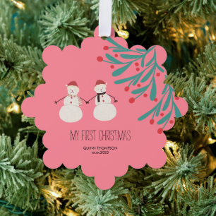 Baby's eerste kerstmis - schattig sneeuwmannenduo ornament kaart