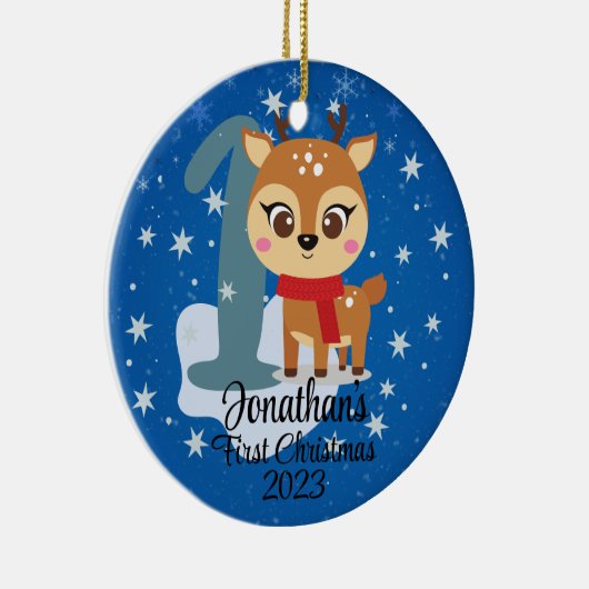 Baby's Eerste Kerstmis schattige rendieren moderne Keramisch Ornament (Rechts)