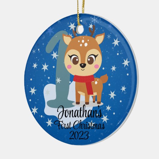 Baby's Eerste Kerstmis schattige rendieren moderne Keramisch Ornament (Links)