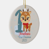 Baby's Eerste Kerstmis schattige rendieren moderne Keramisch Ornament (Rechts)