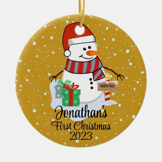 Baby's Eerste Kerstmis schattige sneeuwpop moderne Keramisch Ornament (Voorkant)