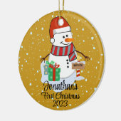 Baby's Eerste Kerstmis schattige sneeuwpop moderne Keramisch Ornament (Links)