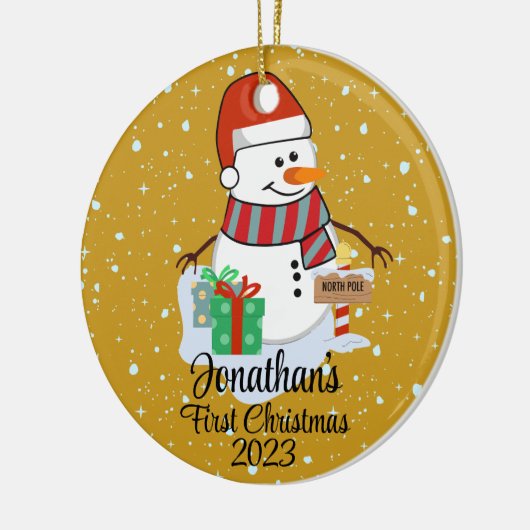 Baby's Eerste Kerstmis schattige sneeuwpop moderne Keramisch Ornament (Links)