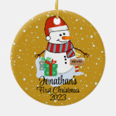 Baby's Eerste Kerstmis schattige sneeuwpop moderne Keramisch Ornament (Achterkant)