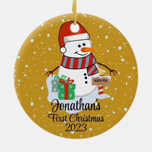 Baby's Eerste Kerstmis schattige sneeuwpop moderne Keramisch Ornament (Achterkant)