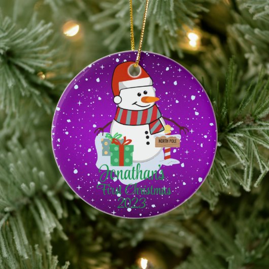 Baby's Eerste Kerstmis schattige sneeuwpop moderne Keramisch Ornament (Boom)