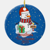 Baby's Eerste Kerstmis schattige sneeuwpop moderne Keramisch Ornament (Achterkant)