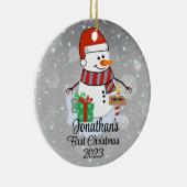 Baby's Eerste Kerstmis schattige sneeuwpop moderne Keramisch Ornament (Rechts)