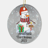 Baby's Eerste Kerstmis schattige sneeuwpop moderne Keramisch Ornament (Links)