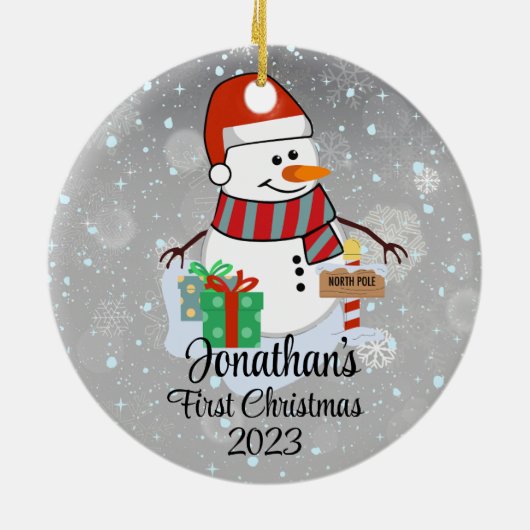 Baby's Eerste Kerstmis schattige sneeuwpop moderne Keramisch Ornament (Achterkant)