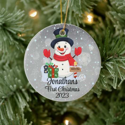 Baby's Eerste Kerstmis schattige sneeuwpop zwart p Keramisch Ornament (Boom)