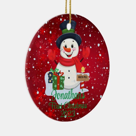 Baby's Eerste Kerstmis schattige sneeuwpop zwart p Keramisch Ornament (Rechts)