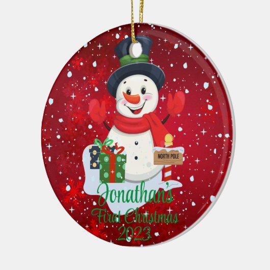 Baby's Eerste Kerstmis schattige sneeuwpop zwart p Keramisch Ornament (Links)