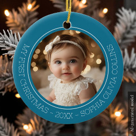 Baby's eerste kerstmis Teal Modern 2 Foto Pasgebor Keramisch Ornament