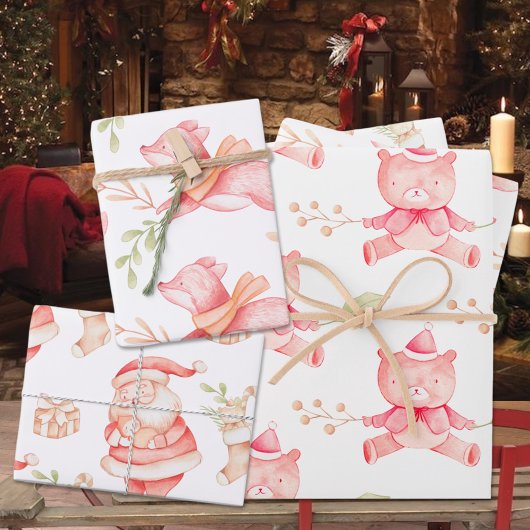 Baby's Eerste Kerstmis Teddy Bear Red Fox & Santa Inpakpapier Vel