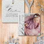 Baby's Eerste Kerstmis Verticale Foto Snowflake Ce Keramisch Ornament<br><div class="desc">De eerste kerstfoto van de baby met verticale foto, elegante kalligrafie en fijne witte sneeuwvlokken op een zilvergrijze rand. Het fotomalplaatje is klaar voor u om uw foto, de naam van de baby, het jaar en uw douanetekst op de rug toe te voegen. Met uitzondering van de handgeschreven tekst die...</div>
