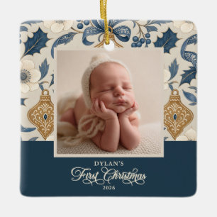 Baby's Eerste Kerstmis Vintage Lint 2-Foto Keramisch Ornament