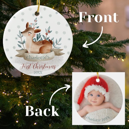 Baby's Eerste Kerstmis Waterverf Woodland Herten Keramisch Ornament