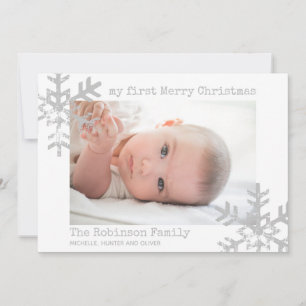 Baby's eerste Kerstmis White Foto Snowflakes Feestdagenkaart
