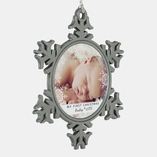 Baby's eerste Kerstmis White Silver Glitter Tin Sneeuwvlok Ornament (Links)