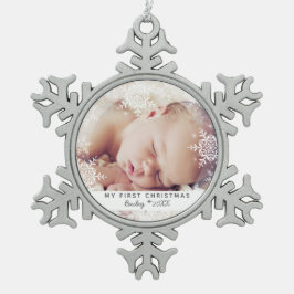 Baby's eerste Kerstmis White Silver Glitter Tin Sneeuwvlok Ornament