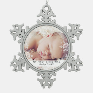Baby's eerste Kerstmis White Silver Glitter Tin Sneeuwvlok Ornament