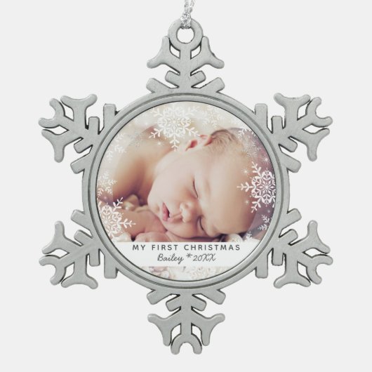Baby's eerste Kerstmis White Silver Glitter Tin Sneeuwvlok Ornament (Voorkant)