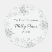 Baby's eerste Kerstmis White Silver Snowflakes Orn Metalen Ornament (Achterkant)