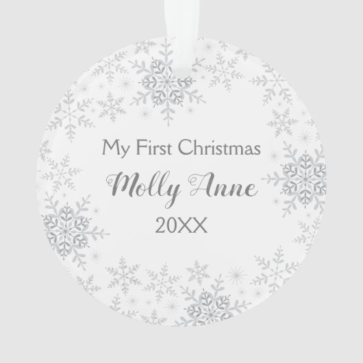 Baby's eerste Kerstmis White Silver Snowflakes Ornament (achterkant)