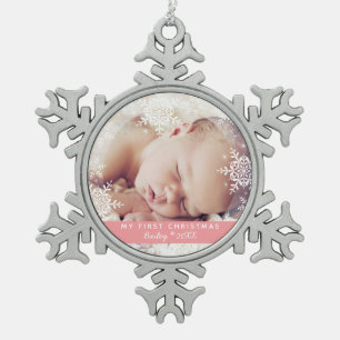 Baby's Eerste Kerstmis Witte Zilveren Glitter Roze Tin Sneeuwvlok Ornament
