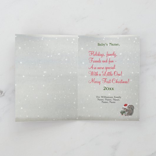 Baby's Eerste Kerstmis Woodland Dier Sneeuw Custom Feestdagen Kaart (Binnen)