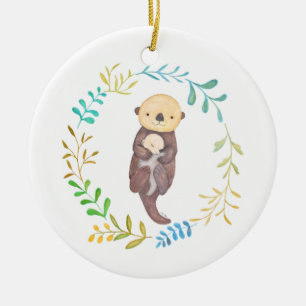 Baby's Eerste Kerstmis Zee Otter Mam Baby Custom Keramisch Ornament
